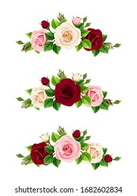 Conjunto vectorial de elementos decorativos rosa, burdeos y rosas blancas aislados en un fondo blanco.