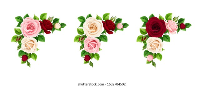 Vector set of pink, burgundy and white roses corner decorative elements isolated on a white background.