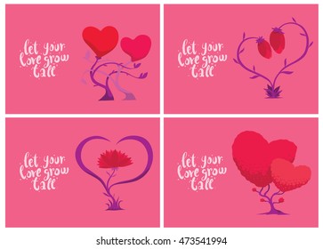 Vector set of pink cards with images of red flowers in the form of heart symbols on a pink background. Motivating inscription "Let your love grow tall." Vector illustration of Valentine's flowers.