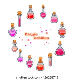 Vector set of pink cartoon bottles. Cute chemistry illustration. Magic liquid