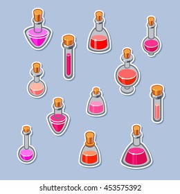 Vector set of pink cartoon bottles on a gray background. Cute chemistry illustration. Magic liquid. Bright stickers