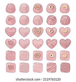 Vector set of pink chocolate candies of different shapes isolated on white background.
