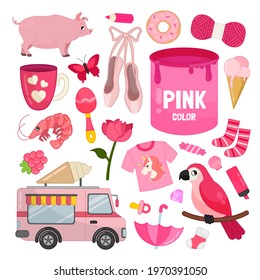 Vector set of pink color objects. Learn pink  color. Illustration of primary colors.
