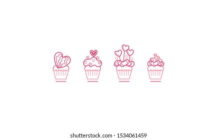 Vector set of pink cupcakes with decoration, isolated on a white background. Element for greeting card, outline icon, romantic symbol. Cupcake with hearts decoration for greetings on Valentine 's Day