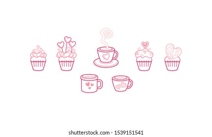 Vector set of pink cupcakes with decoration, coffee or tea mug, isolated on a white background. Elements for greeting card, outline icon, romantic symbol. Decoration for greetings on Valentine 's Day