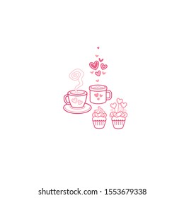 Vector set of pink cupcakes with decoration, coffee or tea mug, isolated on a white background. Elements for greeting card, outline icon, romantic symbol. Decoration for greetings on Valentine 's Day