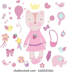 vector set of pink elements, cute cat, fox, toy, girlish objects and sweets