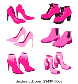 Vector set of pink fashionable woman shoes isolated on white background.