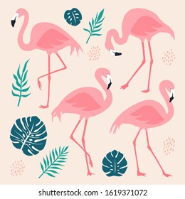 Vector set with pink flamingos and tropical palm leaves. Hand Drawn illustration, isolated elements.