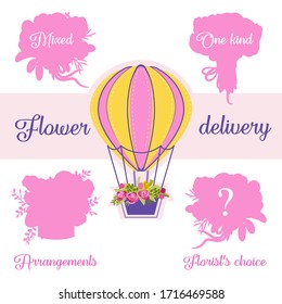 Vector set of pink flower bouquets silhouettes on isolated white background. Delivery service illustration with air balloon and flower basket.