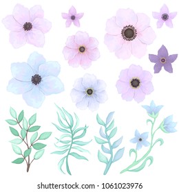 Vector Set of Pink Flowers and Blue Leaves in Watercolor Style