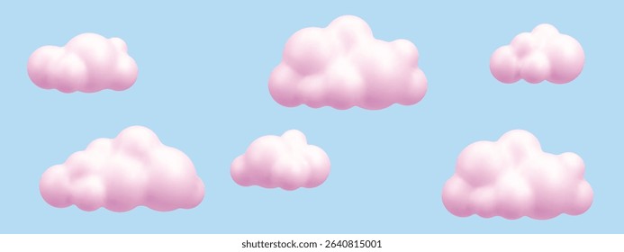 Vector set of pink fluffy cartoon clouds floating in blue sky. Cute 3d render for nursery or ui design. Soft dream background.