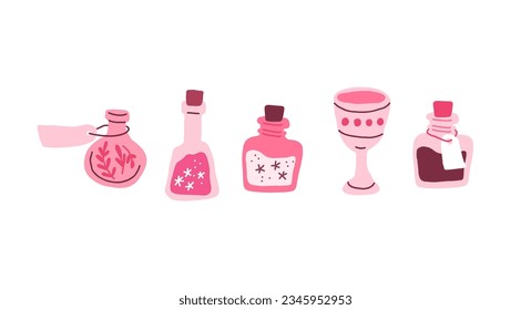 Vector set of pink goblets, witch potion bottles on white. Wizard bottle with elixir. School of magic accessories set.