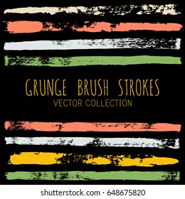 Vector set of pink, green, white and yellow brush strokes or backgrounds isolated on black. Artistic lines collection. Hand painted brush strokes set. Textured design elements