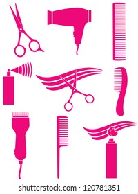 vector set of pink hairdresser tools silhouette