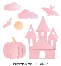 vector set for pink Halloween party invitation, trick and treat fabric, scary greeting card, poster, banner, Spooky vector cartoon pumpkin, pink witch's castle, bat, cloud, moon. Vector illustration