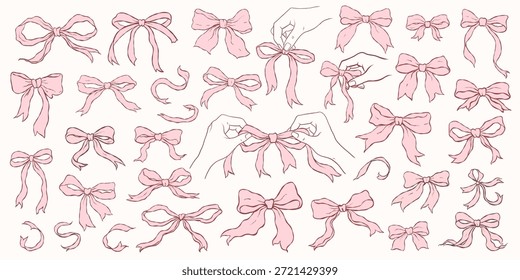 Conjunto de Vector de arcos dibujados a mano de color rosa en varias Formas y estilos. 