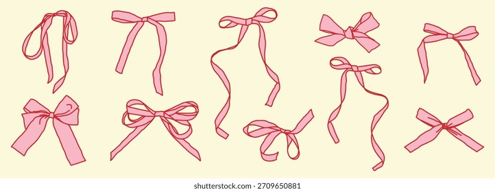 Vector set of pink hand-drawn bows in various shapes.