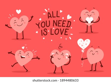 Conjunto vectorial de caracol rosa feliz en diferentes poses con texto de comillas sobre fondo rojo. Estilo romántico plano ilustraciones del Día de San Valentín para expresar sentimientos de amor