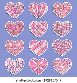Vector set of pink heart stickers with abstract patterns. For design and decoration