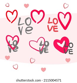Vector set of pink hearts and the inscription love. Suitable for romantic holidays. Valentine's Day, wedding, postcards for lovers.