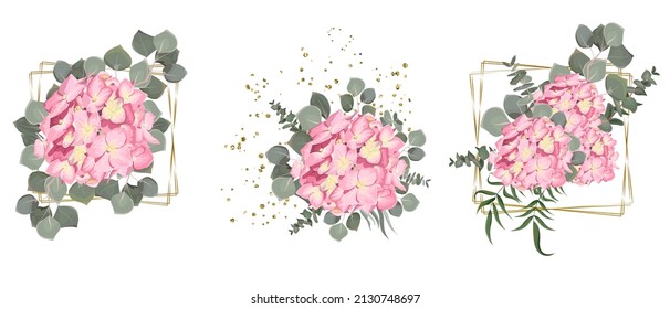 Vector set of pink hydrangea and plants. Compositions of plants. Plants and flowers isolated on a white background, gold frames, glitter and sequins. . Elements for floral design.