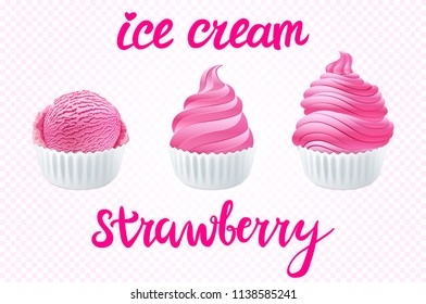 vector Set of pink ice cream with strawberry of different shapes in a cup on transparent background lettering hand made text art