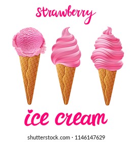 vector Set of pink ice cream with strawberry of different shapes in a cup on transparent background lettering hand made text art