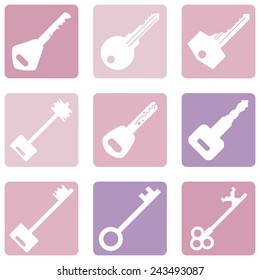 Vector Set of Pink Keys Icons. Modern and Antique Keys. Types of Keys