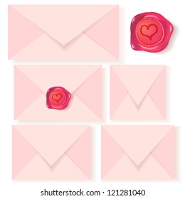 Vector set of pink letters with romantic wax seal with heart sign