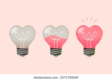 Vector set of pink light bulb. Heart shaped light bulb. Valentine’s day, vector illustration.