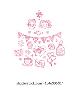 Vector set of pink line art icons for Valentine. Outline elements cupcakes, cup of coffee, heart, envelope, balloons, rose isolated on a white background. Icon for Valentine 's Day greeting card.