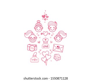 Vector set of pink line heart art icons for Valentine. Outline romantic elements, hearts, camera, envelope, balloons, rose isolated on a white background. Icon for Valentine's Day greeting card.