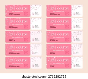 Conjunto de Vector de Cupones de amor rosa para el día de San Valentín con inscripciones de texto romántico e íconos de línea delgada. Diseño plano mínimo con corazones, coronas, lazos, sobres y detalles de estilo escrito a mano