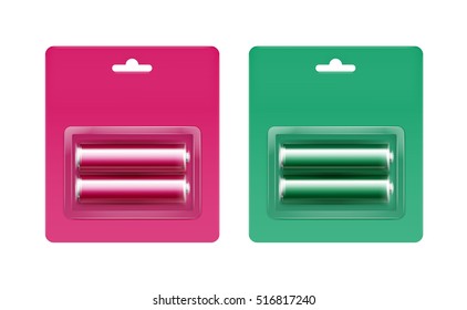 Vector Set of Pink Magenta Green Glossy Alkaline AA Batteries in Pink Magenta Green Blister Packed for branding Close up Isolated on White Background
