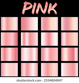 Vector set of pink metallic gradients, swatches collection, shiny gradient set on black background, metallic texture.