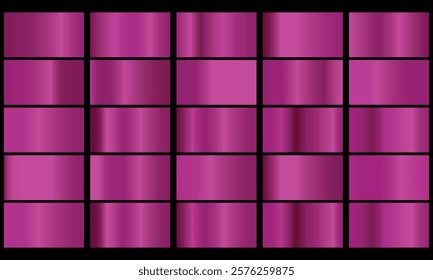 Vector set of pink metallic gradients. Swatches collection. Shiny gradient set on black background. Metal texture