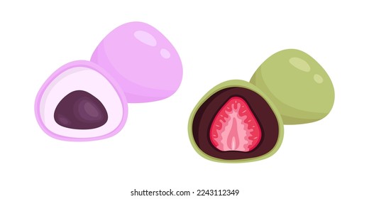 Vector set of pink mochi with azuki bean paste and green tea mochi with strawberry. Illustration of japanese traditional dessert. Asian food.