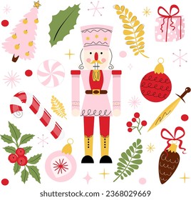 vector set of pink nutcrackers with twigs and Christmas balls. 14 illustrations Xmas, a sweet cane, Christmas tree decorations, a sword, a pine cone, a gift, a pink tree, caramel, leaves and flowers.