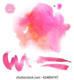 Vector. Set of pink and orange watercolor blots isolated on white background. Watercolor blots for your design, logo, emblem, banner. Set of vector beautiful watercolor blots.