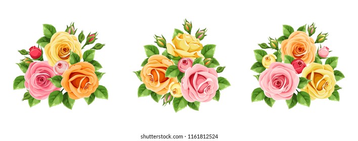 Vector set of pink, orange and yellow roses isolated on a white background.