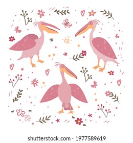 Vector set of pink pelicans and flowers. Hand drawn illusatration.