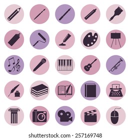 Vector Set of Pink and Purple Art Icons. Drawing, Music, Writing and Other.