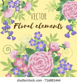 Vector set of pink and purple flowers with leaves. Drawing watercolor. Design for wedding and invitation cards.