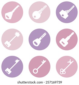 Vector Set of Pink and Purple Keys Icons. Modern and Antique Keys. Types of Keys