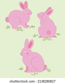 Vector set of pink rabbits on green field