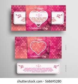 Vector set of pink and red greeting card with heart pattern for Valentine's Day with insert white paper stripe on the gray background.