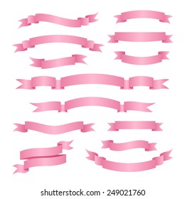 Vector set of pink ribbons and banners. Collection of elements on white background.