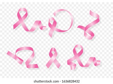 Vector set of pink ribbons, breast cancer awareness.