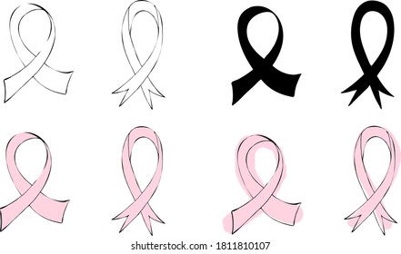 vector set of pink ribbons and silhouettes fighting breast cancer print for textile design, paper